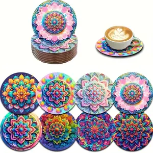 Colorful Floral Mandala Wooden Coasters Set of 8 Unique Print Design Table Protection Pads Ideal for Home Cafe Bar Party Decor & Daily Use