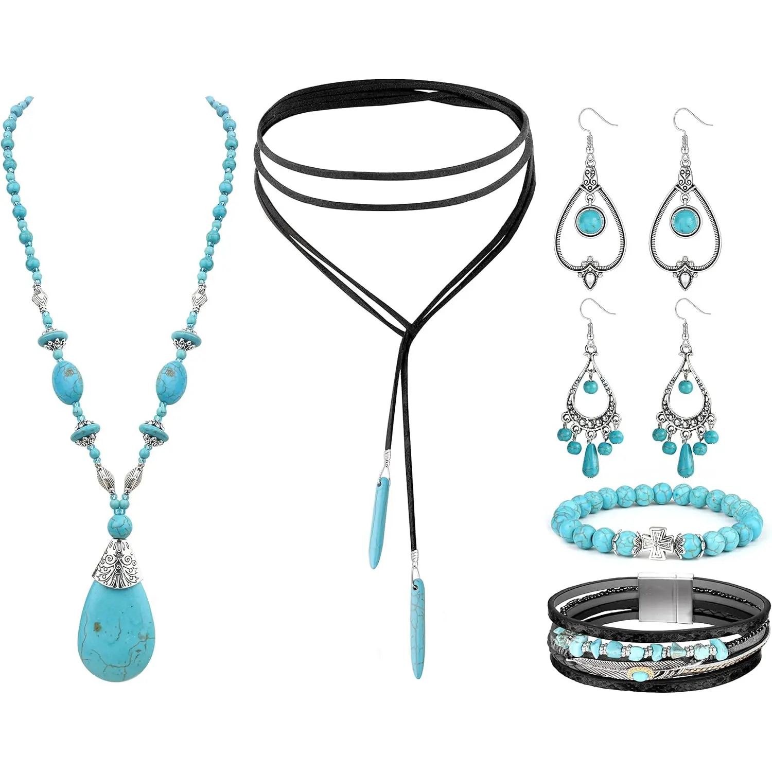 Women's Sanfenly 8-Piece Vintage Western Turquoise Alloy Jewelry Set - Bohemian Style with Pendant Necklace, Drop Earrings & Stretch Bracelet, Beach Wear, Combined Setting