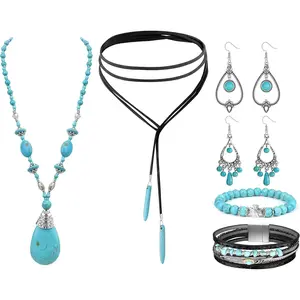 Sanfenly Women's 8-Piece Turquoise Beach Costume Jewelry Set - Boho Vintage Western Style, Including Statement Necklace, Female Drop Earrings, Leather Cuff, Stretch Bracelet