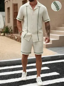 Men’s 2-Piece Crinkle Shirt & Shorts Set – Short Sleeve Button-Up & Drawstring Shorts, Summer Casual Outfit