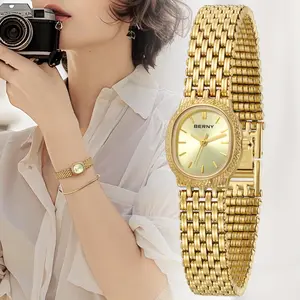 Women’s Luxury Gold Quartz Watch – Small Dial, Waterproof, Elliptical Design, Retro Dress Wristwatch BERNY