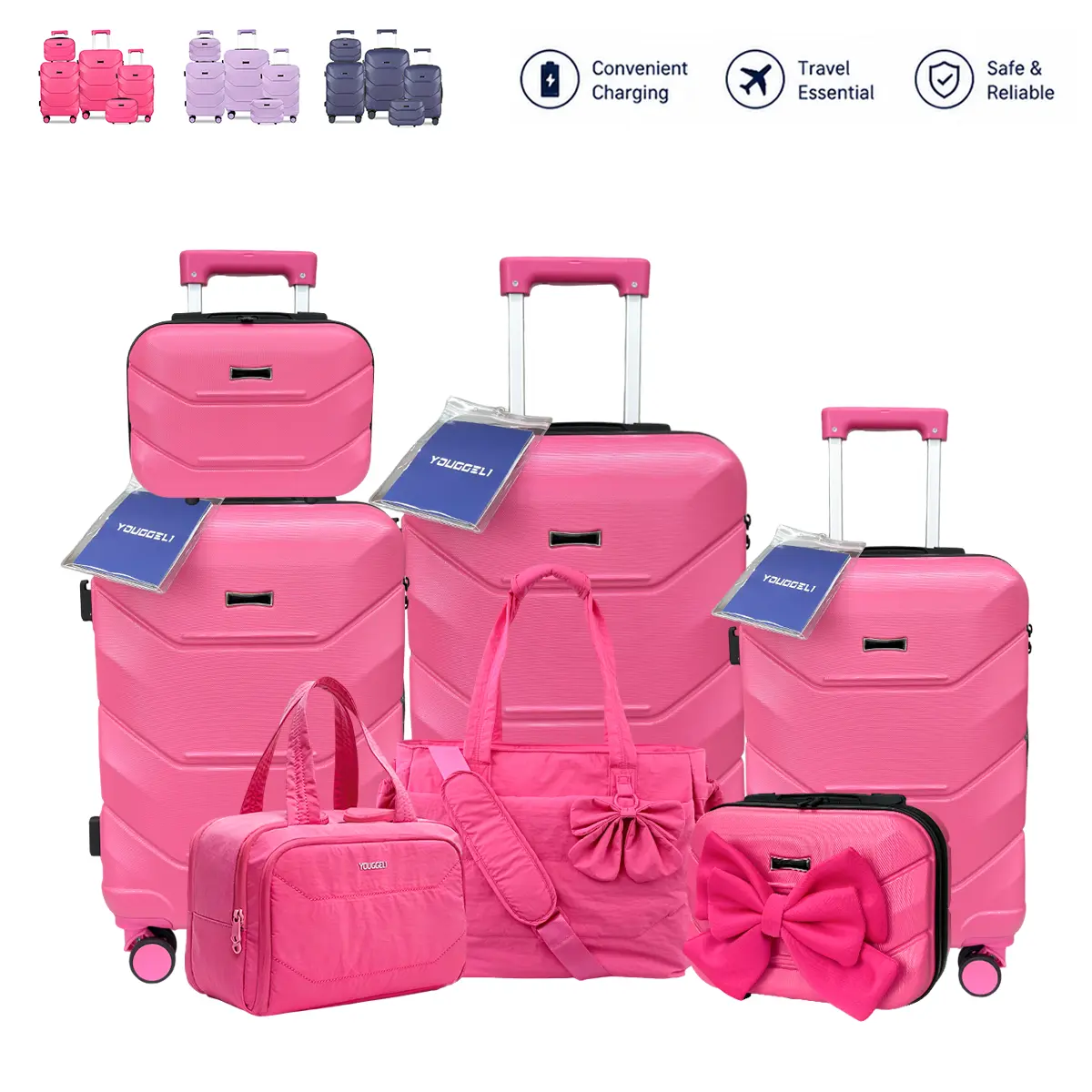 Upgraded PC Luggage Sets, 8/10-Piece Travel Bundle (13"-28" In) - 4-Wheel Checked Luggage with 360° Rotation, USB Port, Cup Holders, Hook, TSA Lock, Phone Holder, Tote, Beauty Bag, Built-In Organizer, Baggage Solution for Travel
