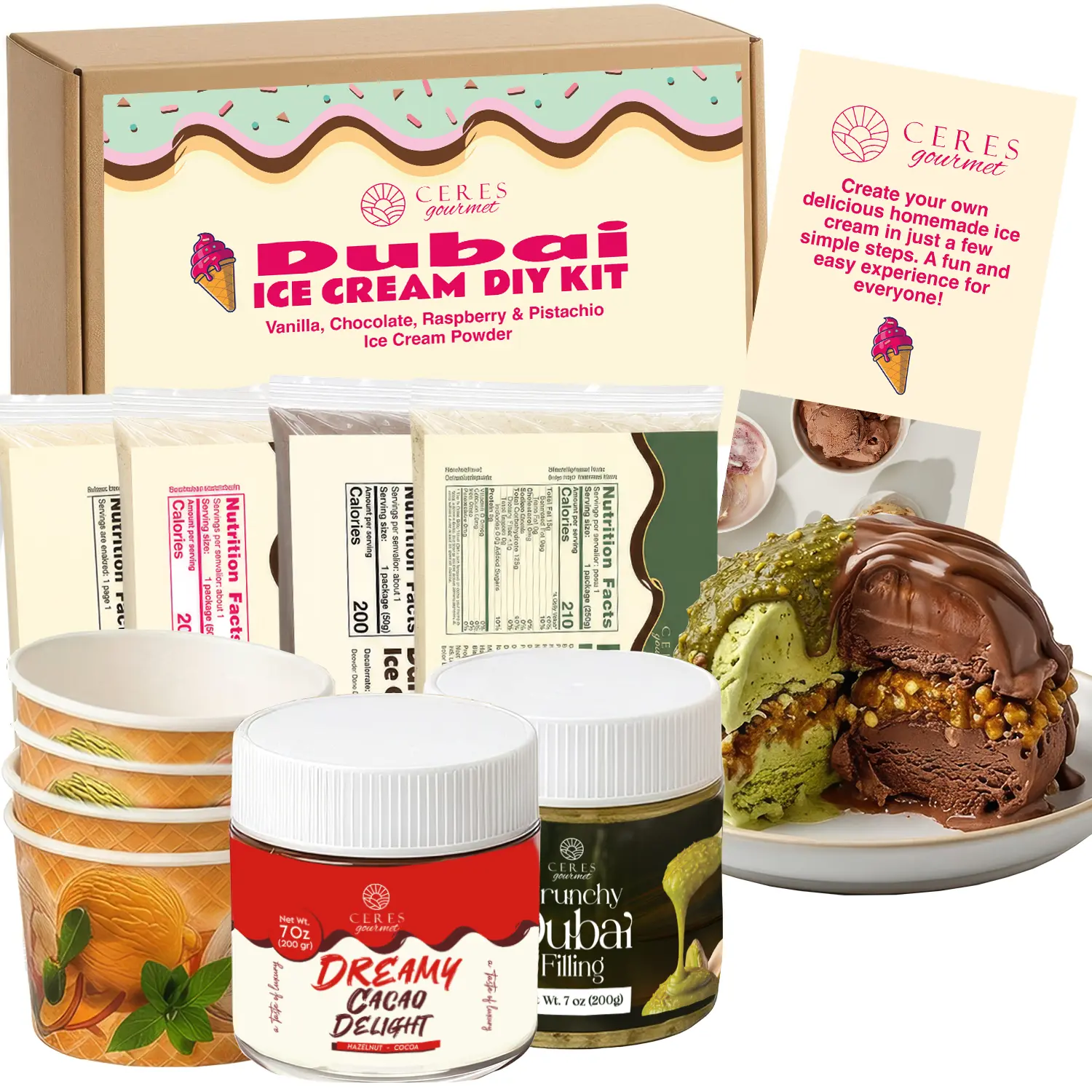 Ice Cream Dubai Chocolate Kit – DIY Dessert Gift Box with 7oz Dubai Filling, 7oz Hazelnut Cocoa Spread, 4 Ice Cream Powders (Pistachio, Dark Chocolate, Raspberry, Vanilla) & 4 Serving Cups