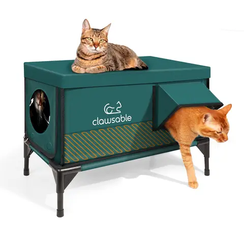 Clawsable Premium Heated Cat House for Outside in Winter, Elevated, 100% Waterproof, Safe Escape Door, Insulated Outdoor Feral Cat Shelter w/Heater for Stray Kitty