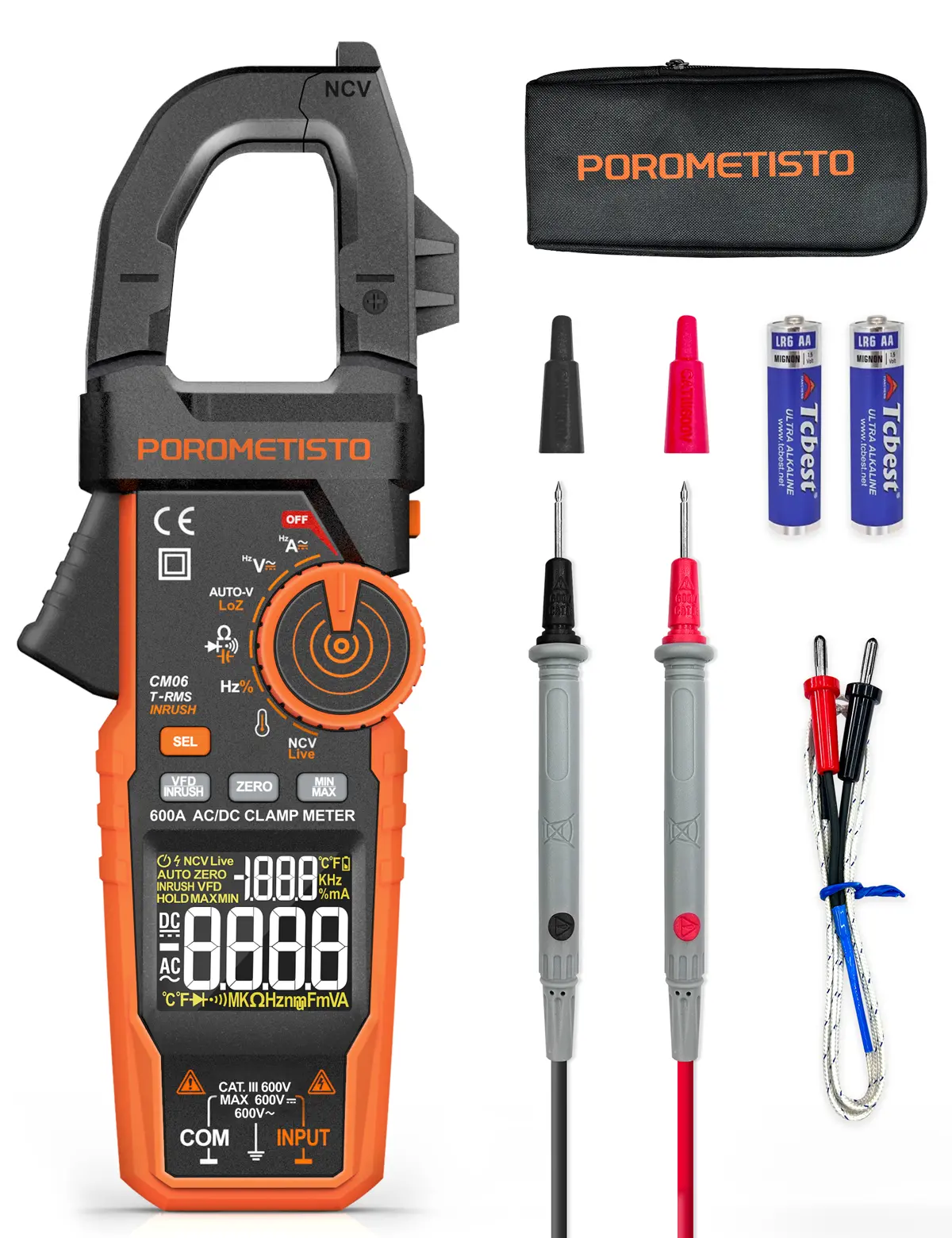 POROMETISTO CM06 Smart Clamp Meter Digital Multimeter, True-RMS 600A, NCV Amp Voltage Tester for AC/DC Current/Voltage, Inrush,Temp, Capacitance, Resistance, Frequency, Diode Test, Continuity with Color Screen  wire live
