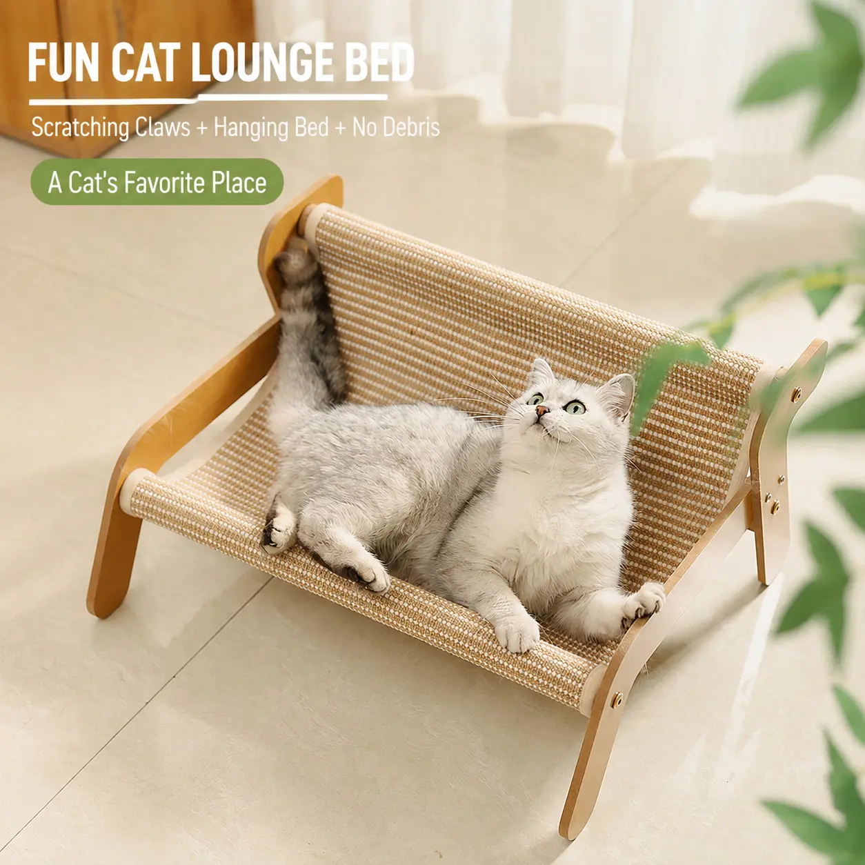 2-in-1 Scratching & Sleeping Cat Bed | Elevated Wooden Cat Lounger with Durable Sisal Fabric for Indoor Cats