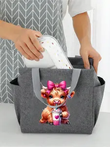 Charming Highland cow printed insulated lunch bag with dual pockets. Large capacity, portable for picnic, school, office and camping. Suitable for all genders.