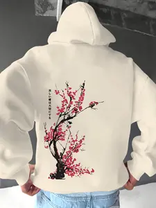 Japanese Text & Cherry Blossom Print Hoodie, Fashionable Casual High-Quality Pullover, Must-Have Wardrobe Essential, Perfect for Outdoors
