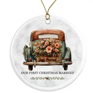 Our First Christmas Married Ornament, Vintage Car Flowers, Just Married Keepsake, Newlywed Gift, Wedding Christmas Ornament Ceramic Ornament -  - 3 Inch Christmas Tree Round Ornament - Xmas Holiday Decor - String Included - ORNW0310