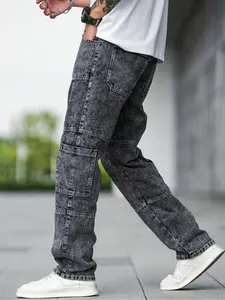 Men's Casual Loose Fit Multi-Pocket Workwear Straight Leg Jeans, Deep Patchwork Street Style Long Pants, All Season Wear