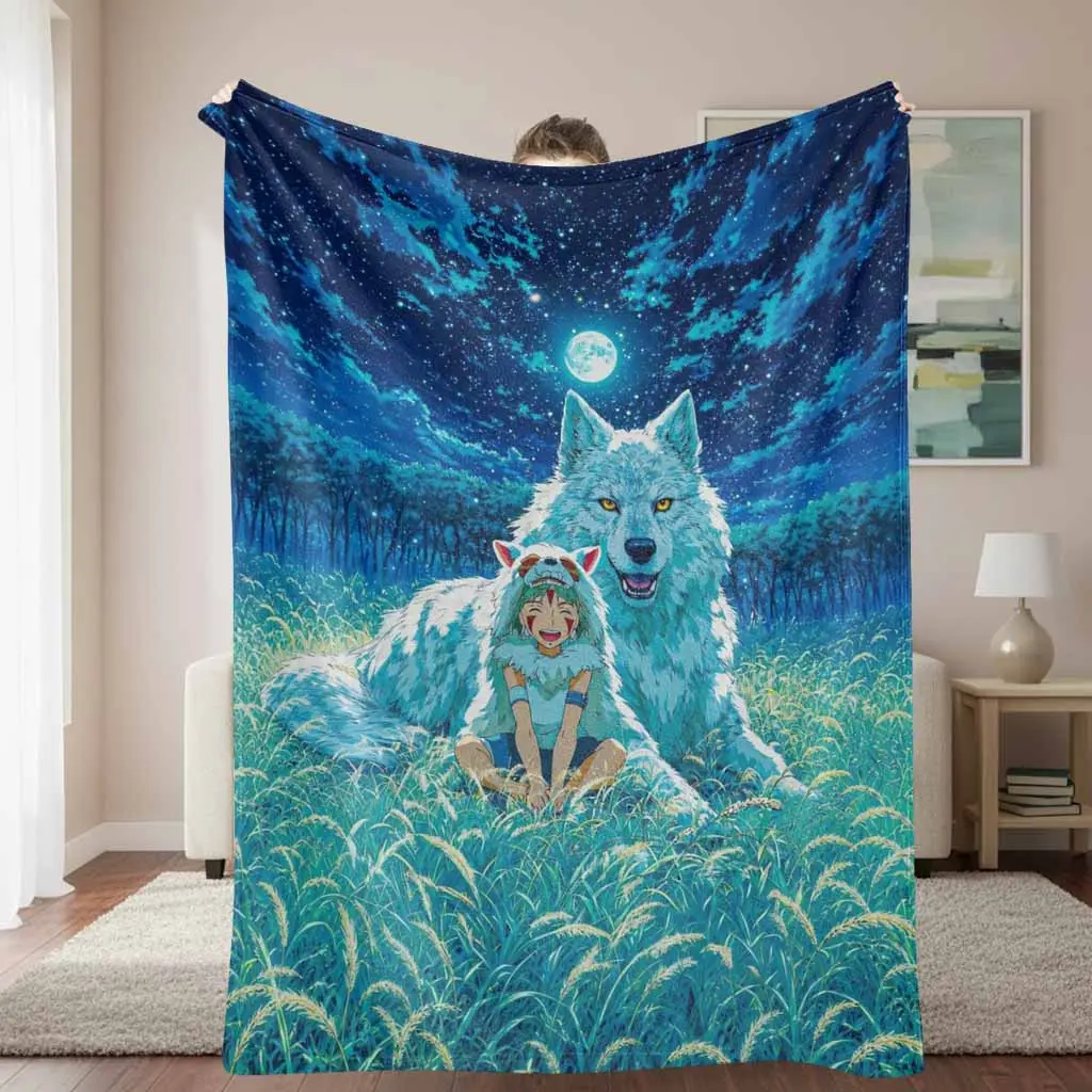Moonlit Spirit Wolf Flannel Blanket - Starry Night Meadow White Wolf Print, Breathe Easy Flannel Fabric, Soft Warm Lightweight Cozy, Multi-Size, Indoor/Outdoor Use for Sofa Bed Camping, Holiday Gift, Camping Use
