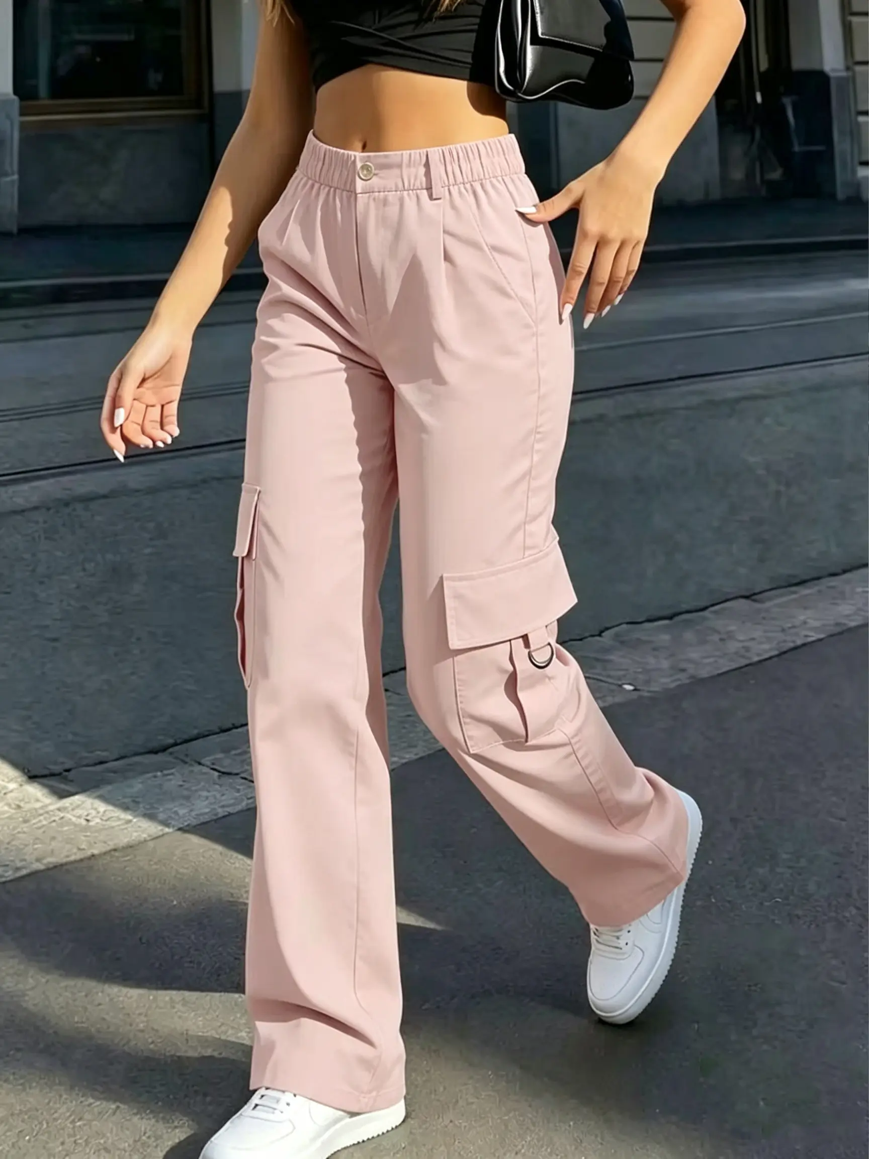 Clean Gent women’s solid-color cargo pants with elastic waistband, casual long pants with pockets, suitable for everyday wear and all seasons, loose fit pants, casual style bottoms
