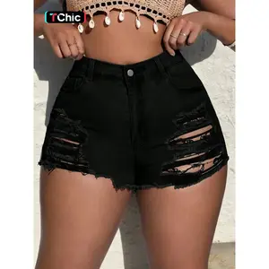 Plus Size Solid Ripped Denim Shorts with Button Fly, Denim Mom Shorts, Casual Street Fashion Shorts for Everyday Wear, Women’s Summer Bottoms