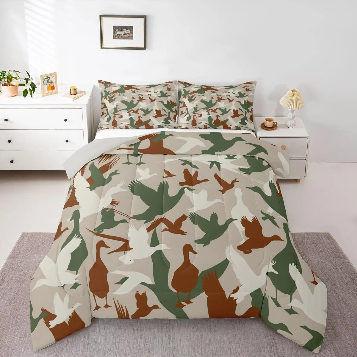 Hunting Camo Duck Comforter Sets,Farmhouse Country Bedding Sets Wild Birds Animals Green Orange Camouflage Duvet Quilt,Comforter