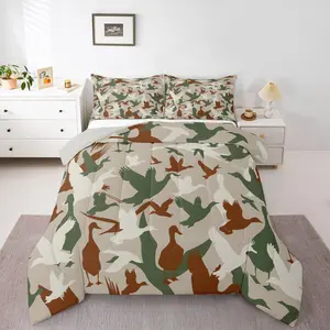 Hunting Camo Duck Comforter Sets,Farmhouse Country Bedding Sets Wild Birds Animals Green Orange Camouflage Duvet Quilt,Comforter