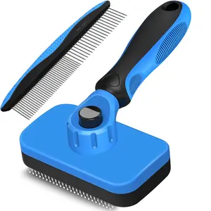 2PCS Self Cleaning Slicker Brush & Dog Comb - Skin Friendly Deshedding Grooming Tool for Dogs, Cats and Small Animals, Professional Deshedding Dematting Tool for Long and Short Haired Pets (Blue)