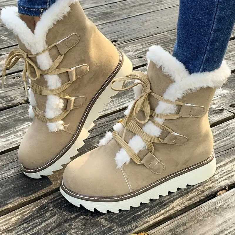 Women's Cozy Fur-Lined Winter Snow Boots - Thick Sole, Lace-Up, Beige with Buckle Straps, Warm & Comfortable Fabric Ankle for Cold Weather - Shoe