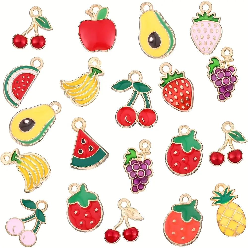 100pcs Fruit Theme Realistic Assorted Charms - Banana, Strawberry, Grape, Avocado, Cherry, Watermelon, Pineapple, Lemon - Red, Green, Yellow, Purple, Golden-Tone Metals - for DIY Jewelry Making, Beads Making Supplies, Christmas Gifts