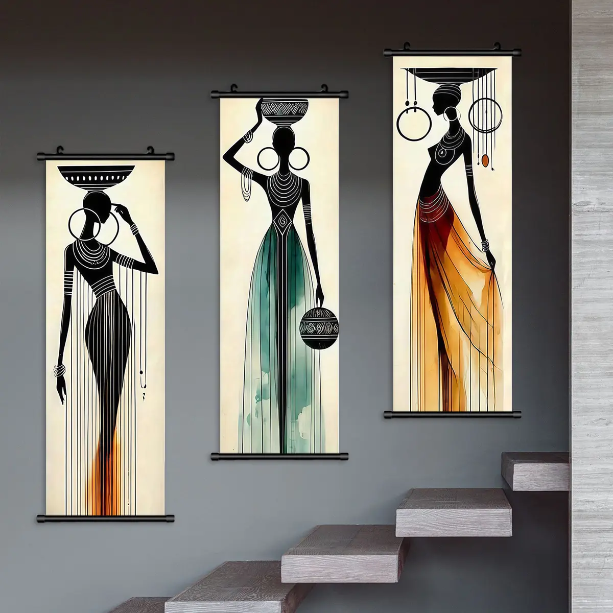 3-Piece African Folklore Silhouette Wall Art Set, Waterproof Decorative Graphic Prints Posters for Living Room & Bedroom, Modern Home Decoration