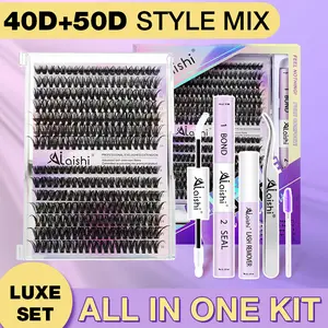 Ailaishi 40D 50D Lash Clusters Kit, DIY Cluster Eyelash Extensions 9‑16mm, 280pcs D Curl Natural Lashes with Bond & Seal,Remover,Tweezers,Brush–Fake Cat Eye Wispy Individual Clusters