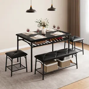 Dining Table with Benches, Kitchen Table Set for 4, Dining Room Table Set with Upholstered Bench and Square Stools, Metal and Wood Dining Table Set for 4 with Storage for Small Space-Black Apartment Furniture