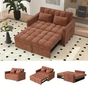 51.18" Velvet Convertible Sleeper Sofa,3-In-1 Loveseat Futon Sofa Bed With Adjustable Backrest For Living Room,Bedroom,Small Spaces,Camel, Furniture Living Room
