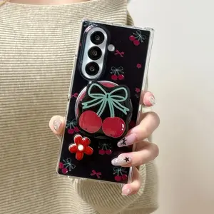 Fashion Cute Red Cherry Magnetic Phone Case For Samsung Z Fold 7 6 5 Z Fold7 Fold6 Cover with Magsafe Stand Chain Kawaii Cases