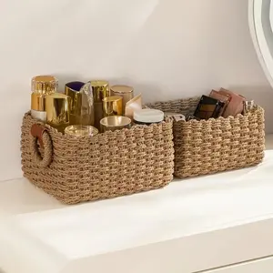 Handwoven Storage Basket, 3 Choices, for Shelves, Drawers, Desktops, Farmhouse Decor, Paper Rope Baskets with Handles, Cute Gift Baskets, Portable Storage Basket