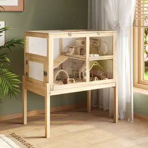 UFU&GAGA Guinea Pig Cages for 2, Small Animals Rabbit Cages with a Pull Out Tray, Large Wooden Indoor 2-Story Hamster House, Guinea Pig Hideout Habitat Playpen with Ramp, Platform, Natural