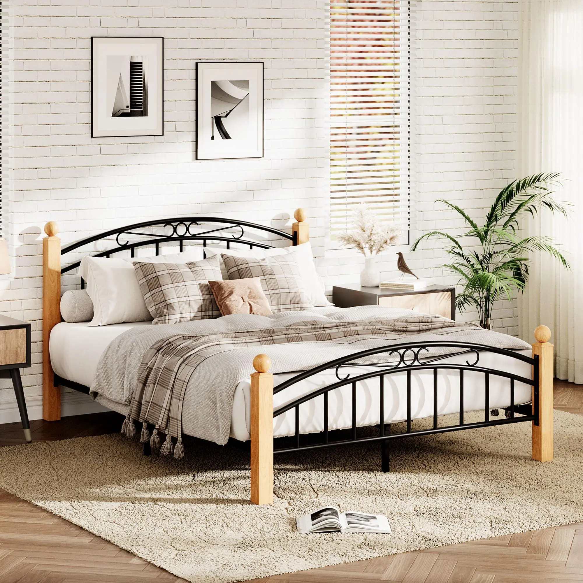 Victorian Classic Wood Full Storage Bed with Headboard, Footboard, Metal Ball Accents, Durable Steel Frame Slat Support, Easy Under-Bed Storage, Silent Noise-Free Construction, Curved Lines, No Box Spring Needed, Assembly Required