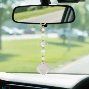 Beach Car Charm,Seashell Rear View Mirror Decor,Ocean Themed Hanging Accessories,Handmade Aurora Planet Crystal Beads Natural Car Ornament