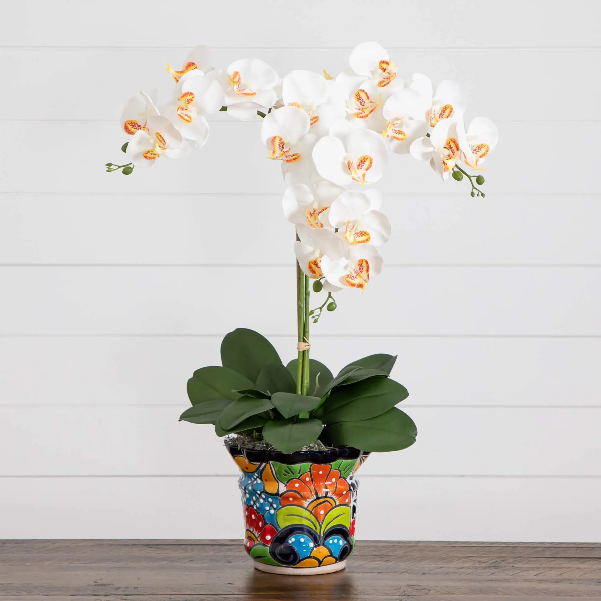 27in 3D Bouquet Artificial Triple Orchid Arrangement - Plastic Faux Flowers in Handmade Mexican Talavera Ceramic Planter, Decorative Flowers for Room Accessories Floral Decor, 3D Bouquet Artificial Flowers