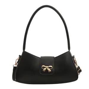2026 New Women's Solid Color Crescent Underarm Bag - Stylish Bow Small Handbag with Texture