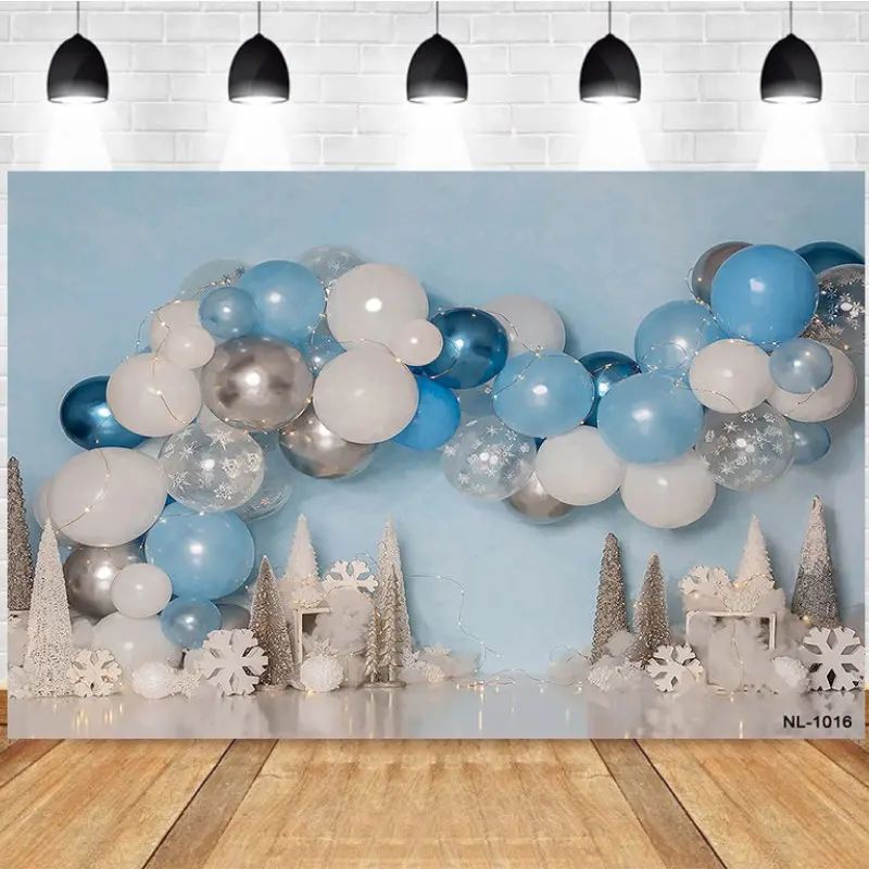 Photography Background Blue Silver Balloon Arch Snowflake Christmas Tree Birthday Party Photo Studio Backdrop