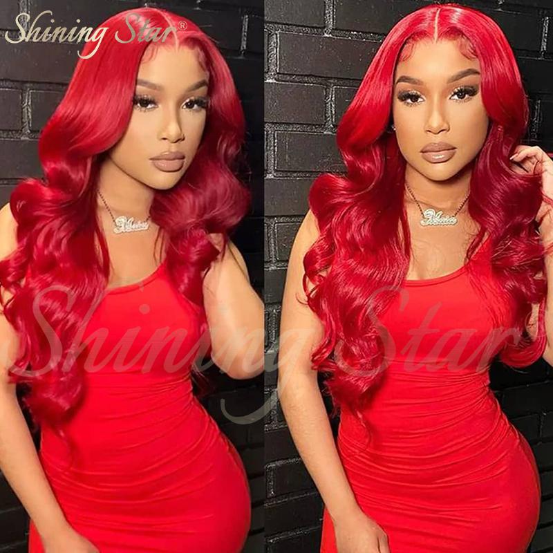 ShiningStar Red Body Wave 13X1 HD Transparent Lace Front Human Hair Wigs for Women Colored Brazilian Deep Part Wig 28INCH