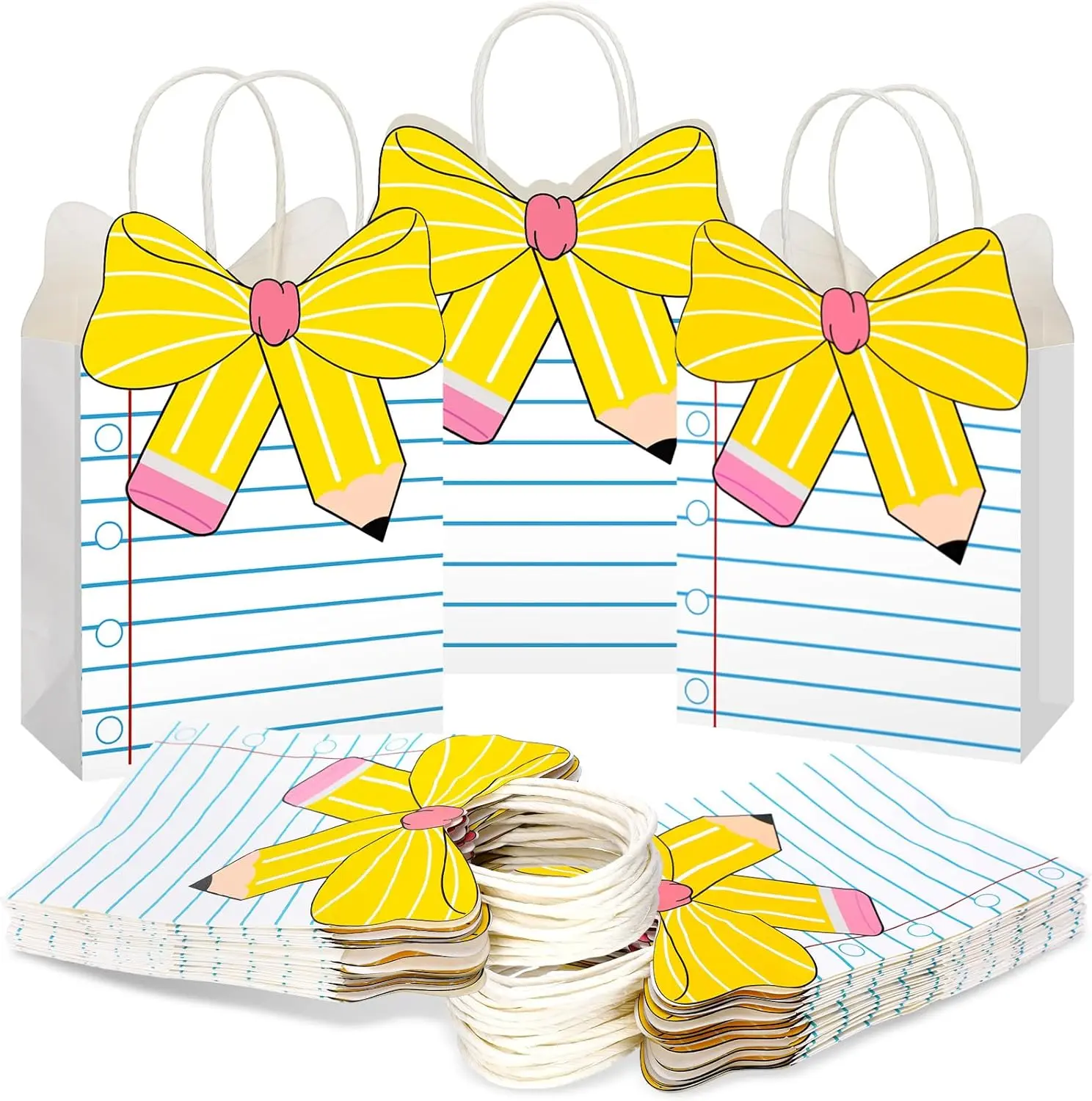 12/24/36 Pcs Back to School Gift Bags Pencil Notebook Gift Bags Goodie Bags with Bow PatternTissue Handle Teacher Gifts Bag for Student Teacher Staff Treat Paper Bags for Classroom Office Supplies,Birthday Welcome First Day of School Gift