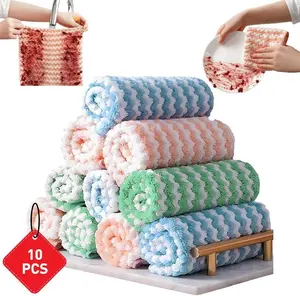 2025 New Coral fleece striped dish cloth, 10 pieces of mixed color super absorbent coral fleece cleaning cloth, non-stick oil, washable and quick-drying, can be used to wipe desktops, shoes, glass, doors...