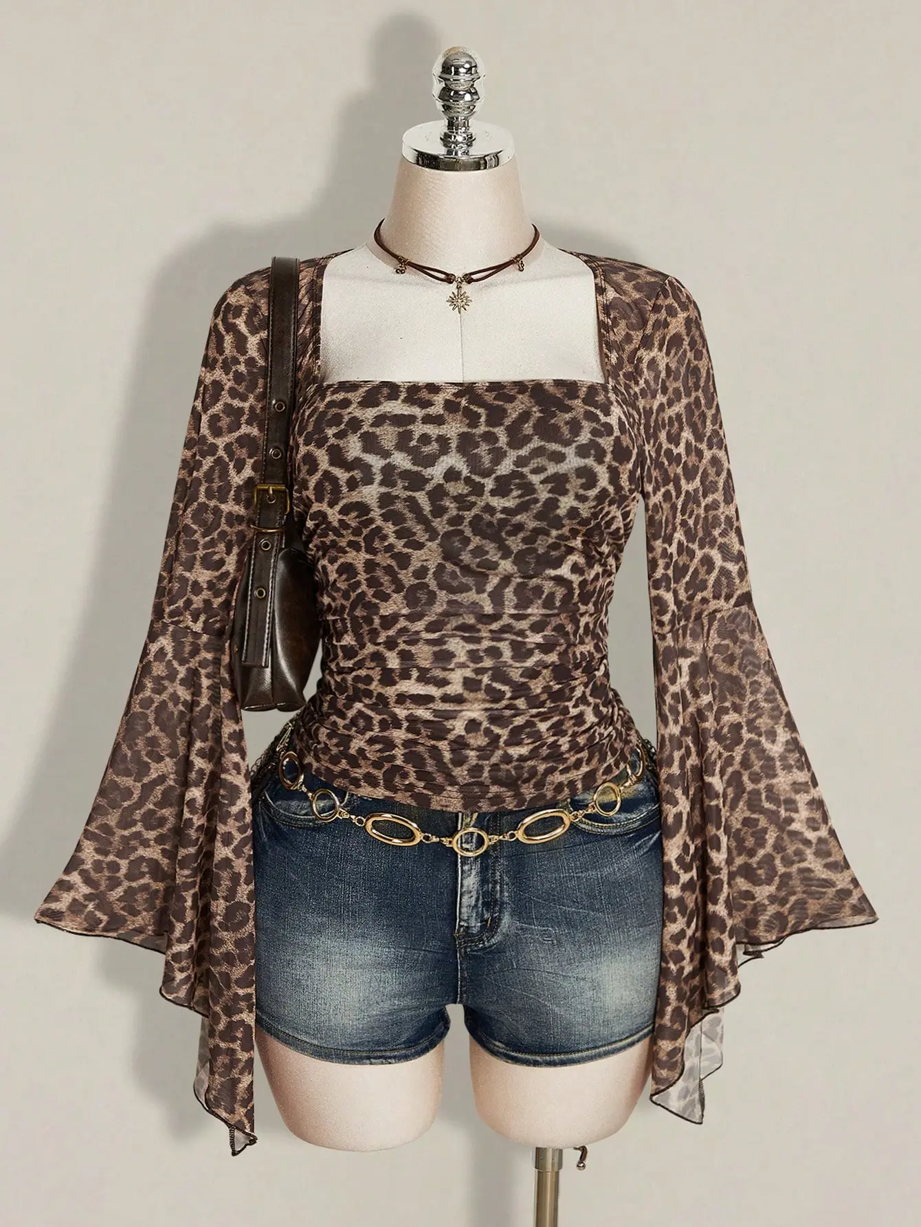 LALUZ Plus Size Y2K Retro Sexy Square Neck Flared Ruffle Long Sleeve Brown Leopard Print Mesh Top Fall
