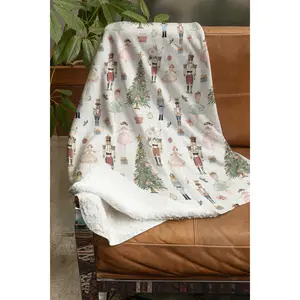 Nutcracker Sherpa Fleece Blanket, Clara Mouse King Sugar Plum Fairy Holiday Throw, Pink Beige Christmas Home Decor Warm Plush Winter Bedding