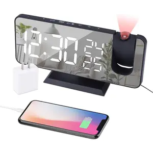 Projection  Clock for Bedroom Ceiling Digital Radio with USB Charger Ports, 7.3" Large LED Screen, 4 Dimmer, Dual  Clock with 2 Sounds, Snooze, Black