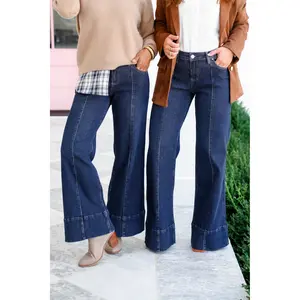 Risen Poppy Lane Mid Rise Dark Wash Wide Leg Jeans with Wide Hem