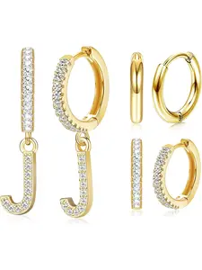 Elegant 3 Pairs Golden Initial Dangle Hoop Earrings Copper Stainless Steel for Women Men Shining Cubic Zirconia Letter Huggie Earrings Alphabet Letter J Fashion Jewelry