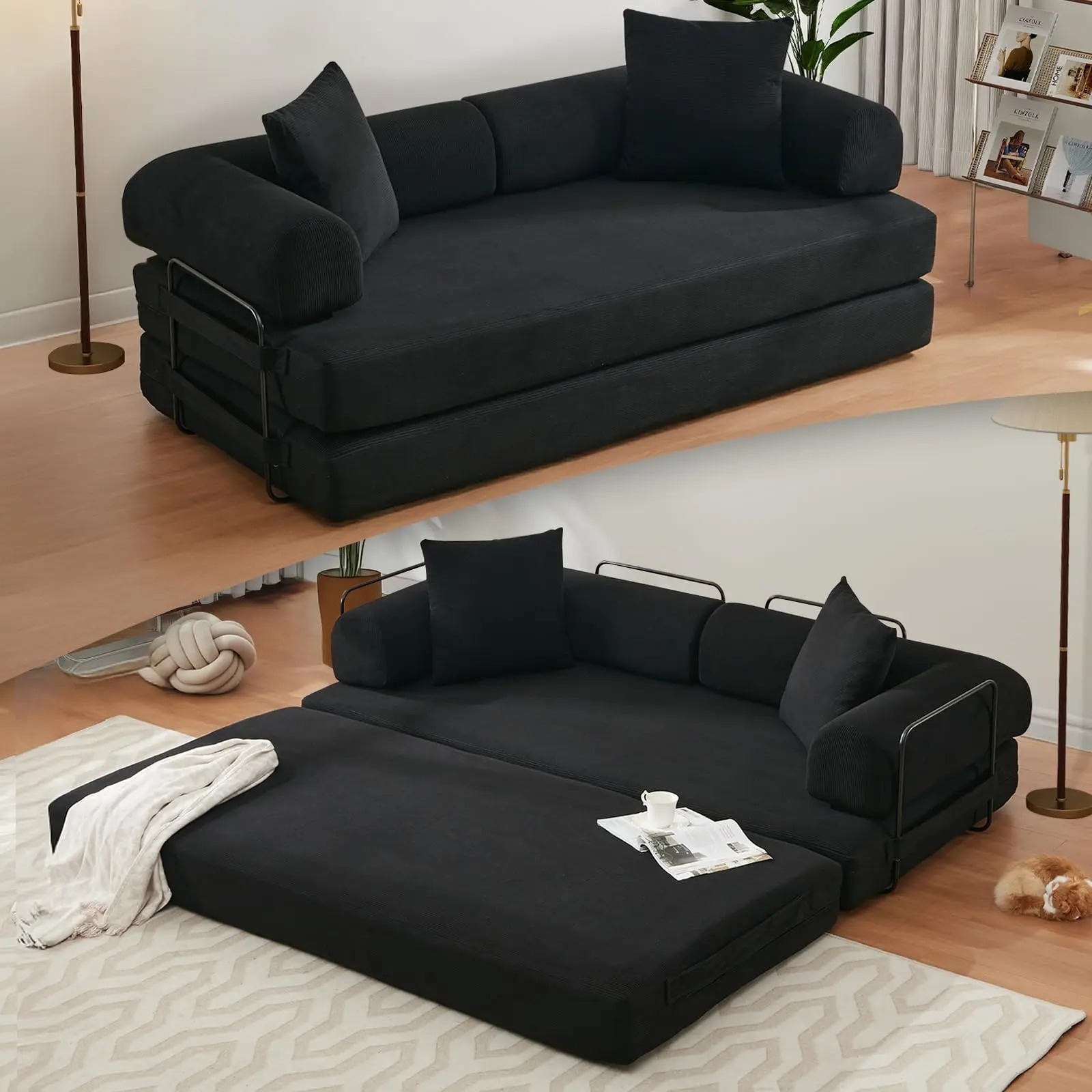 FathersDayGift Compressible Cozycore Couch – Cylindrical Pillow & Corduroy Mattress | Foldable Tiny Home Furniture for Studio & Micro-Apartments