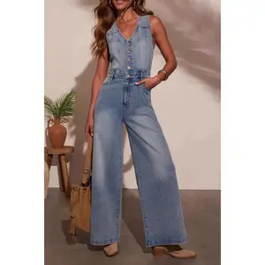V-neck Wide Leg Denim Jumpsuit