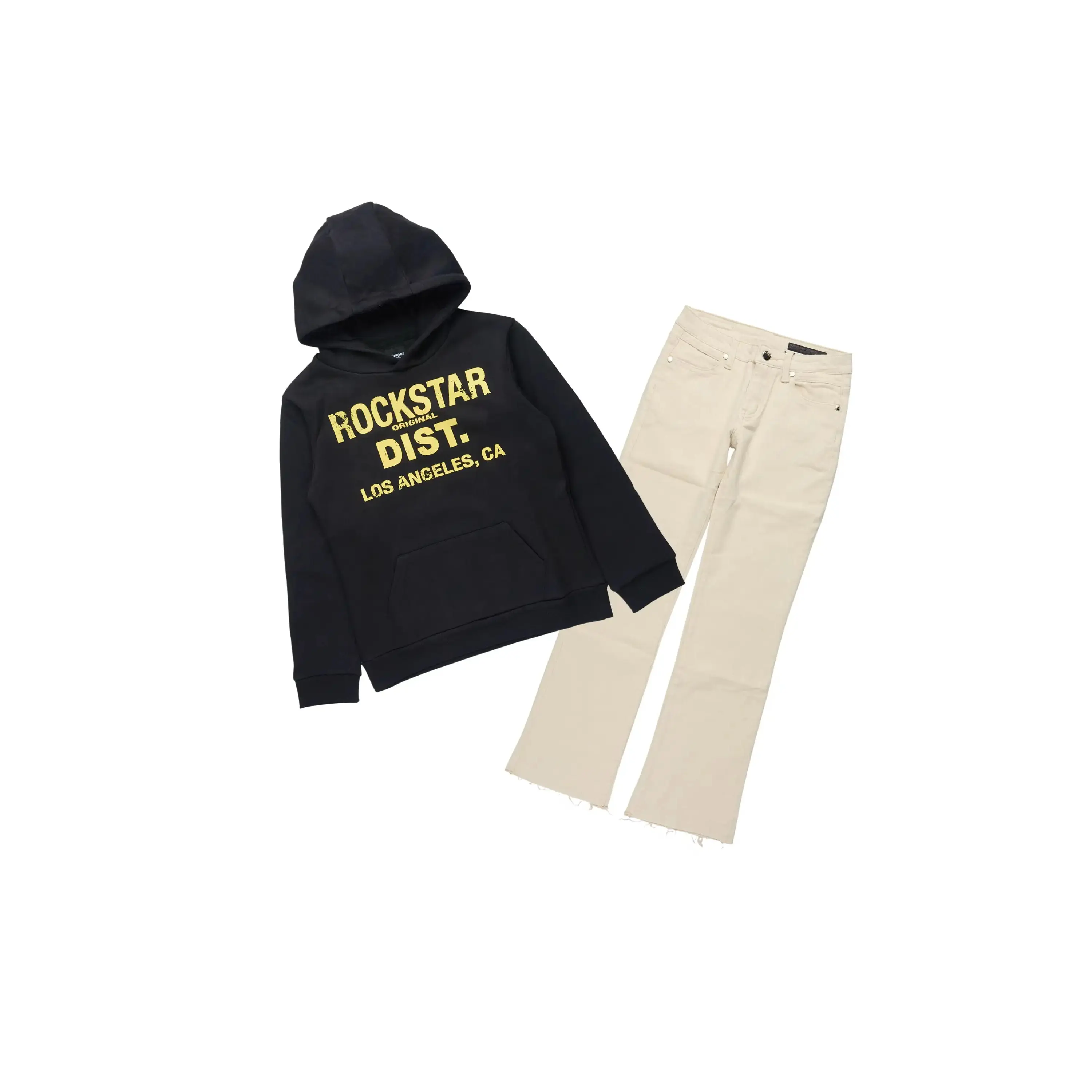 Boys Sana Black Hoodie & Dag Beige Stacked Flare Jean Set