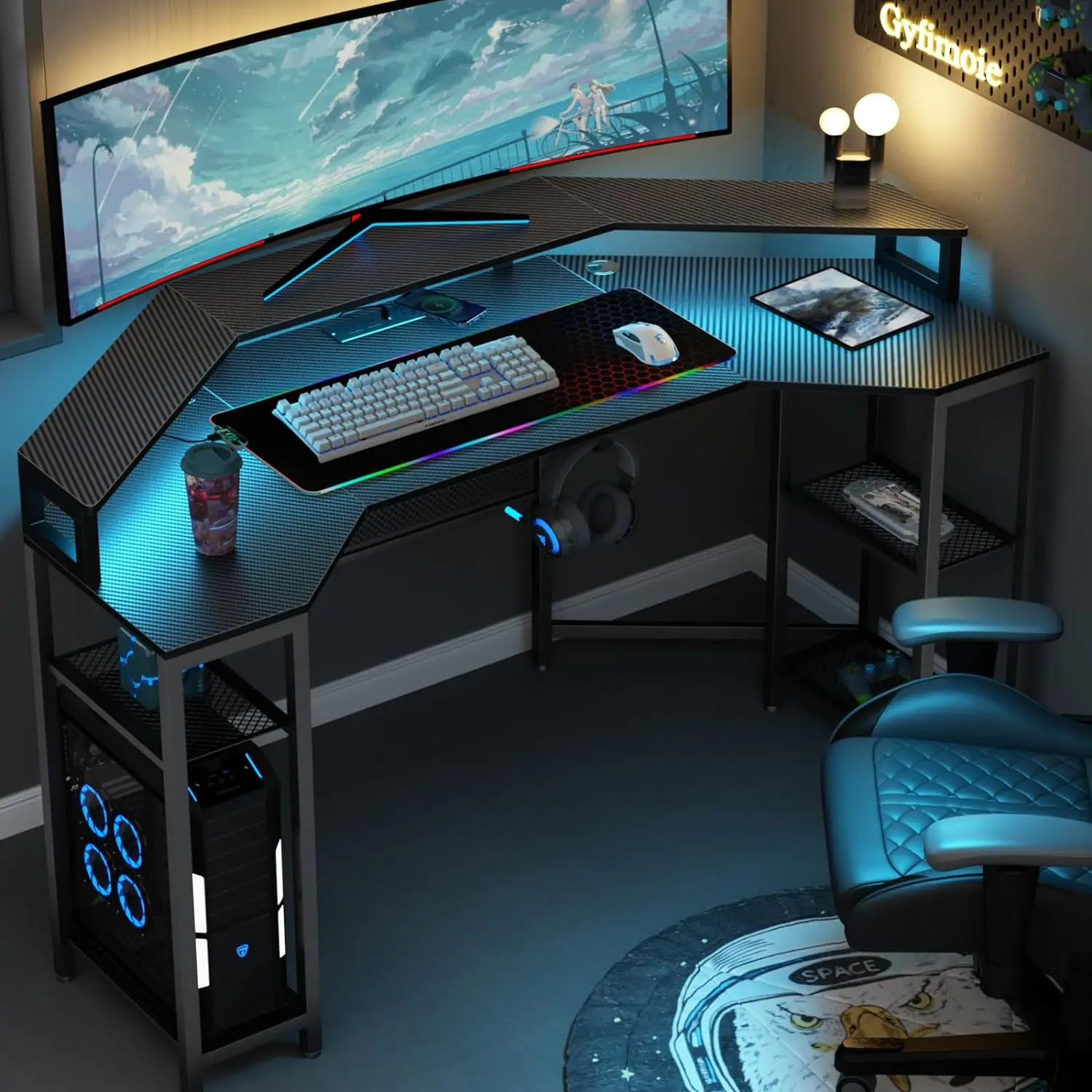 Large Wing-Shaped Gaming Desk with Full Monitor Stand, RGB Mouse Pad, Wireless Charging, Headphone Hook, and Storage Shelf for Live Use Ergonomic Offi