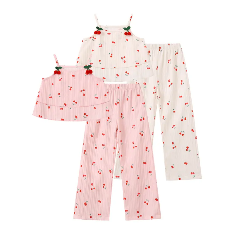 4-piece #SummerVibes set for girls: stylish and fresh cherry-patterned top, loose wide-leg pants with breathable ribbing, cute and beautiful summer versatile fashion outfit Clothes Kids Tween Set