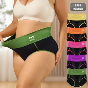 QUASTI  5Pcs  Plus Size Women's Multi-Pack High Waist Wide Leg Cotton Briefs | Ribbed Color Block Waistband, Anti-Chafe, Body Positive, No-Roll Waistband, Soft Breathable Curvy Intimates for Curvy Figures