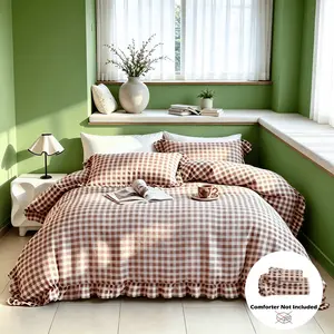 3pcs Plaid Print Bedding Set, Soft Ruffled Edge Duvet Cover*1 and Pillowcases*2 Without Inner Filler, Zippered Duvet Cover for Easy Cleaning, Comfortable Fabric, All Season Suitable