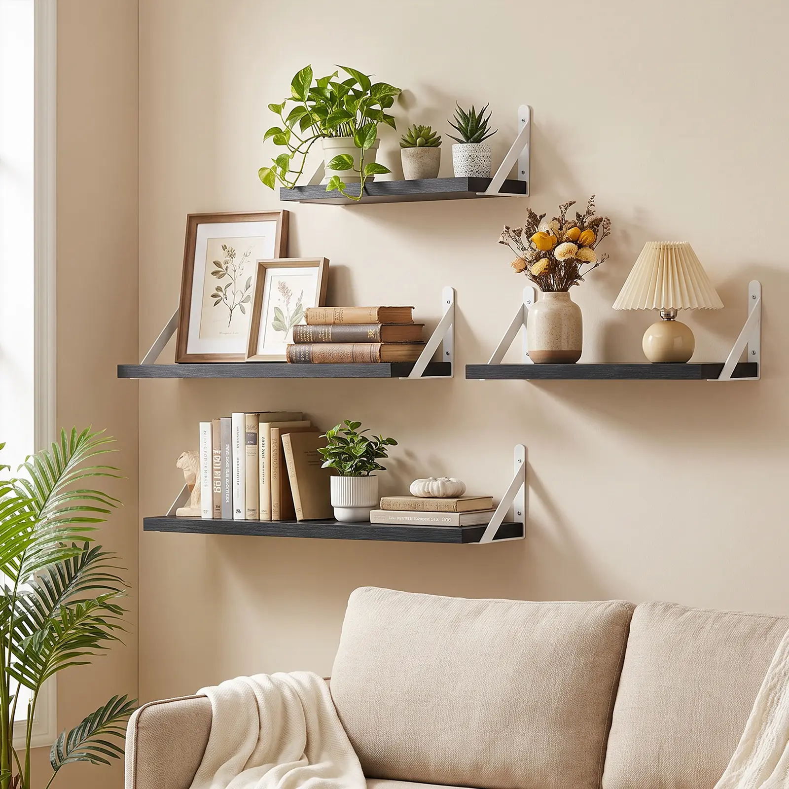 FIXWAL Floating Wall Shelves Set of 4/6, Multi Size Wooden Wall Mount Shelves, Black White Gold Bracket Display Storage Shelf for Living Room, Bathroom, Bedroom, Kitchen Home Decor, for Back to School Season